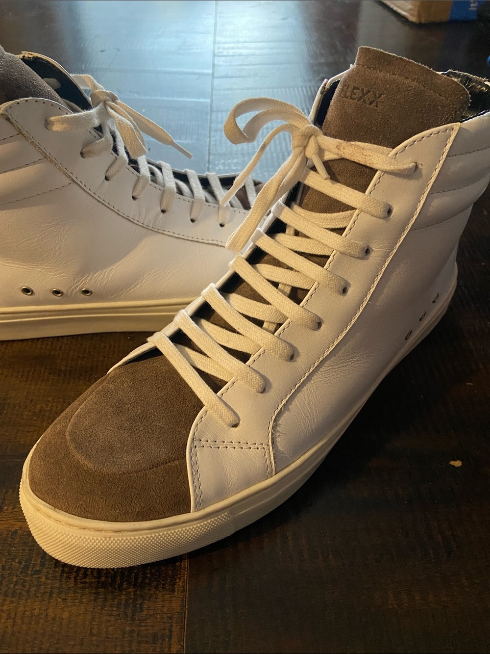 The Flexx White Leather High-Top Sneakers with Brown Suede Toe ladies 8.5